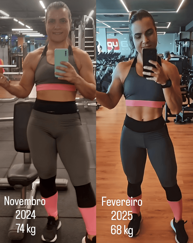 Letícia Mangusso antes e depois — novembro de 2024 (74 kg) e fevereiro de 2025 (68 kg)